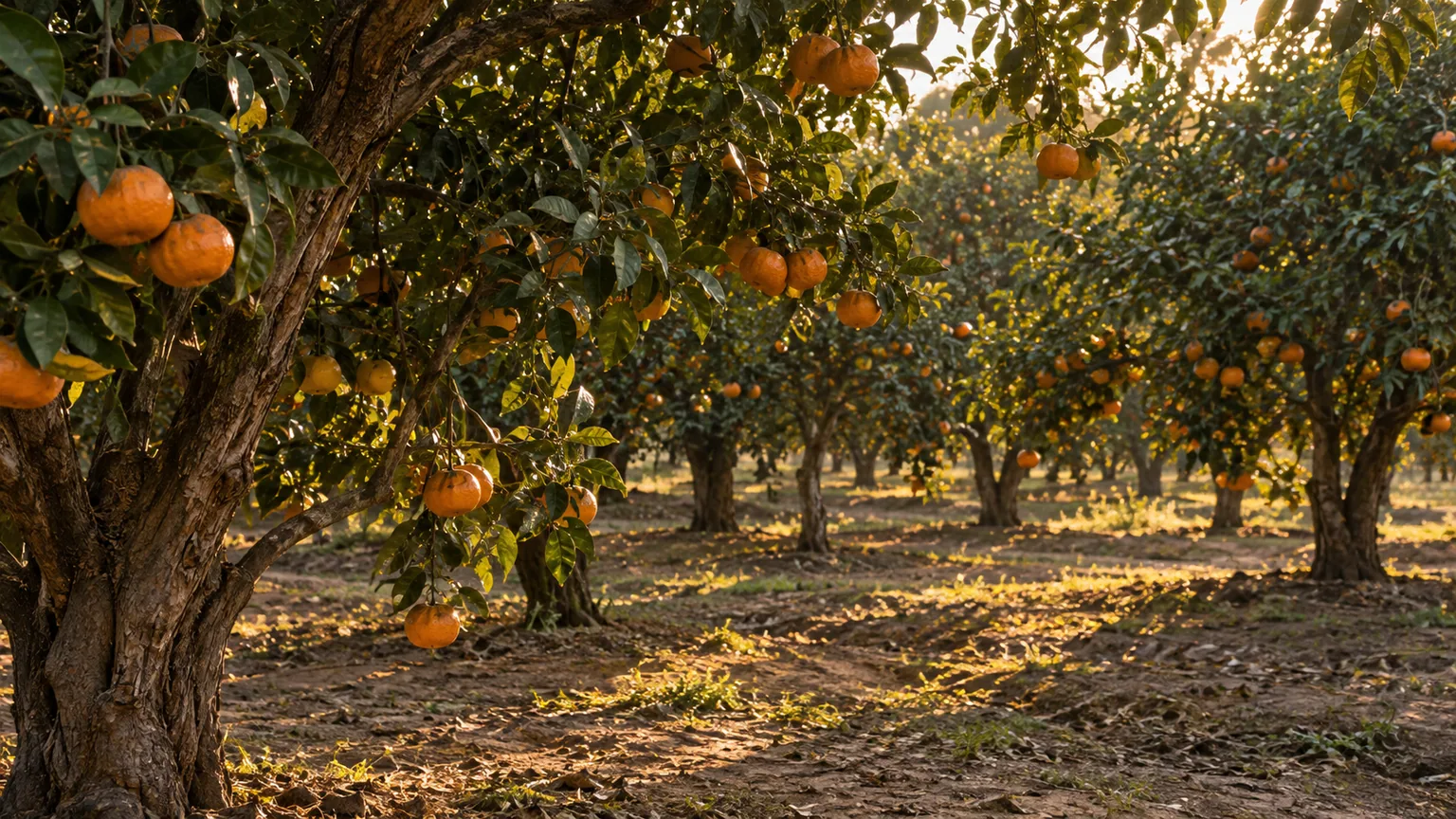 Last warm light falling across a citrus grove